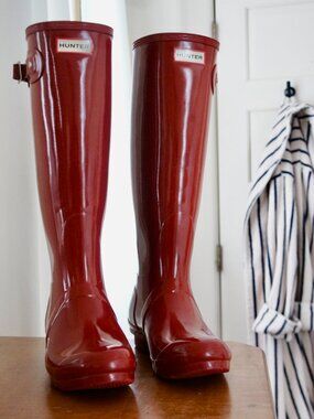Hunter Original Tall Gloss Rain Boots Red Natural Rubber Waterproof Wellies 8